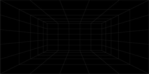 PrintFuturistic digital hallway space blank gray-black color background with white grid space line color surfaces. Cyber, technology, banners, covers, terrain, sci-fi, frames, and related background.