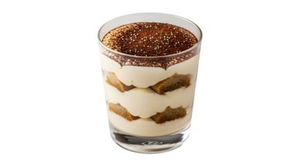 Delicious tiramisu dessert in a glass, layered with cream and coffeesoaked ladyfingers, dusted with cocoa powder, isolated on transparent background