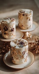 Iced cakes w/ gold leaf and flowers, warm, sunny