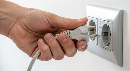 Economic recession, saving conscious, A hand plugging an electrical cord into a power outlet.