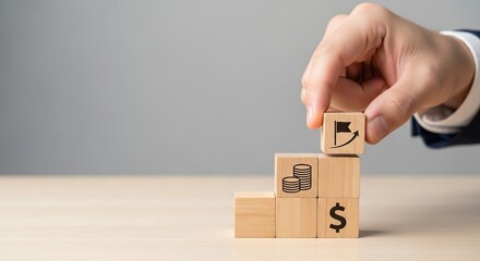 Financial Achievement, A hand stacking wooden blocks with financial symbols, investment growth and financial success on a clean, neutral background.
