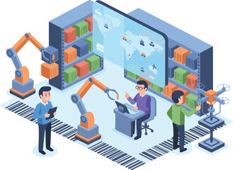 Naklejka premium Global Supply Chain Digital Optimization Vector Illustration. Wide Landscape Warehouse Robotics