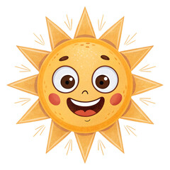 Cheerful smiling sun face emoji in playful style, isolated on white background, symbolizing warmth, happiness, positivity,