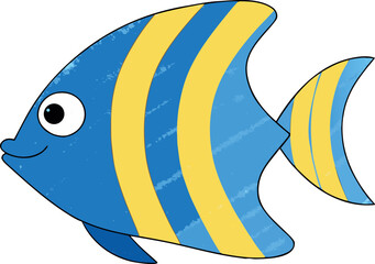 A cute, colorful tropical fish illustration swims in the blue ocean water