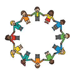 Diverse group of children holding hands in a circle, representing unity and friendship