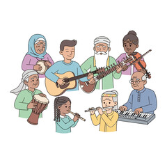 Collaborative teamwork illustration of a diverse community building a house from the ground up