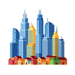 Vibrant urban landscape illustration showcasing a modern city skyline with towering skyscrapers contrasted by a charming, colorful residential neighborhood