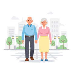 A cheerful senior couple walks hand-in-hand through a modern city park, symbolizing a loving, active, and healthy retirement lifestyle together