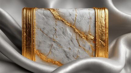 Premium marble slab with golden veins on silver satin fabric.

