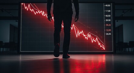 Economic recession, A silhouette of a person walking towards a screen displaying a downward trend in stock prices, symbolizing market decline.