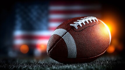 American football ball on field with usa flag