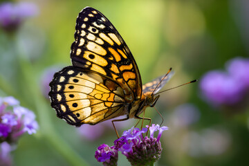 Fototapeta premium Orange and black butterfly on purple flower insect
