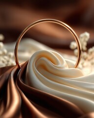 Luxury golden ring displayed on silky brown and ivory fabric folds.


