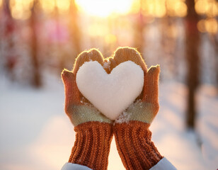 Hands Holding a Snow Heart in a Winter Landscape at Sunset