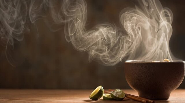 Hot herbal noodle bowl on rustic table
