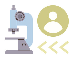 Microscope with gears, person-shaped icon, and arrows suggesting innovation, analysis, teamwork, and technology. Ideal for science, research, collaboration healthcare education innovation