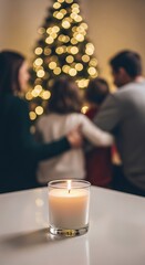 A cozy family scene with a lit candle mockup in the foreground and a blurred Christmas tree, warmth and togetherness during the holiday season.