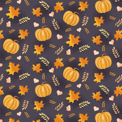 Autumn seamless pattern with pumpkins and leaves