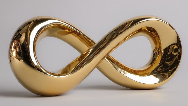 Shiny golden infinity symbol on a white surface