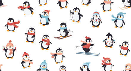 Fototapeta premium A charming collection of playful penguins dressed in festive winter attire enjoying various winter activities