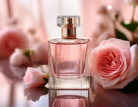 elegant perfume bottle with a soft pink hue