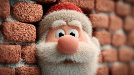 Santa claus cartoon character peeking from chimney wall