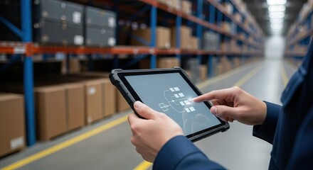 A person using a tablet in a warehouse, interacting with a digital interface, while surrounded by shelves of delayed boxes.