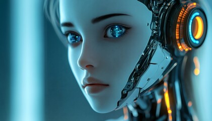 The illustration presents a detailed portrait of a female cyborg, highlighting her realistic facial features contrasted with visible technological components and glowing blue eyes.