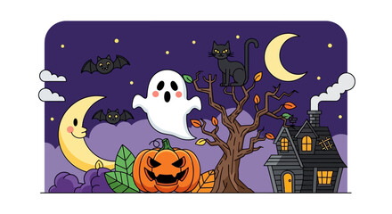 Spooky Halloween night scene with friendly ghost, smiling moon, black cat, scary pumpkin, and haunted house invites trick or treating fun