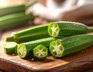 Fresh okra pods sliced open on rustic wooden board, macro close-up with daylight glow