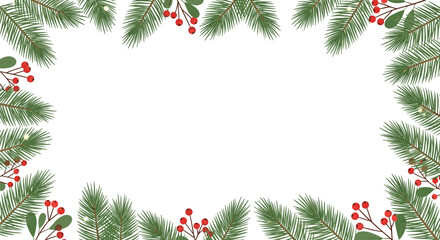 Festive natural border of pine branches and red berries perfect for holiday greetings and winter celebrations.
