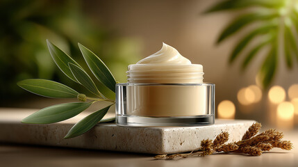 Premium herbal face cream in glass jar with plant accents.

