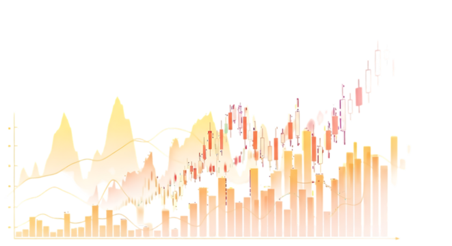 Abstract colorful financial stock market candlestick chart with upward trend on black background