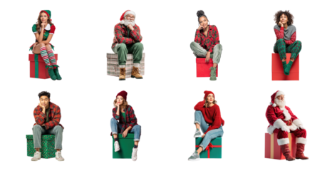 PNG Festive holiday fashion portraits, element set on transparent background