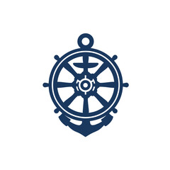 Marine symbol dark blue steering wheel with an anchor on a white isolated background