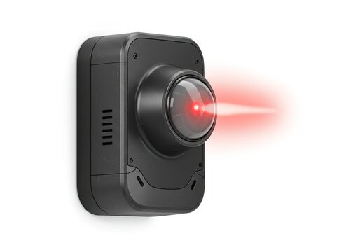 A stylized motion sensor with a glowing red light isolated on a white background 