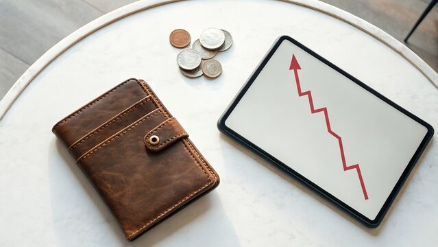 Economic recession, A leather wallet and coins sit beside a tablet displaying a downward trend graph, financial challenges or market analysis. - Powered by Adobe