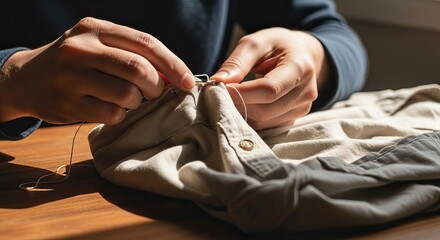 Economic recession, Repair and Reuse, A person is sewing a button onto a garment, focusing on their hands and the fabric in a well-lit environment.