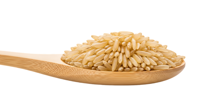 A wooden spoon filled with whole grain brown rice against a solid black background studio shot