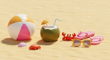 A sunny 3D beach illustration with a beach ball, coconut drink, flip flops, crab, and sunglasses, glowing with radiant highlights and bright colors
