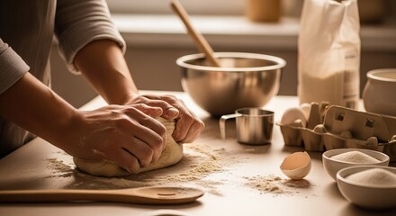 Economic recession, simplicity value, A person kneads dough on a wooden surface, surrounded by baking ingredients, a warm, homey kitchen atmosphere.