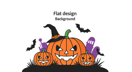 Spooky Halloween pumpkins with witch hat and bats create a fun, festive atmosphere for your seasonal greetings and party invites during autumn