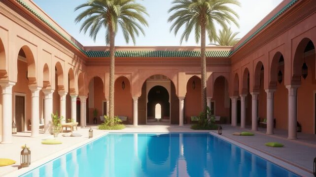 Luxurious Moroccan Riad Pool Oasis Tranquil Courtyard Design, 4k video footage