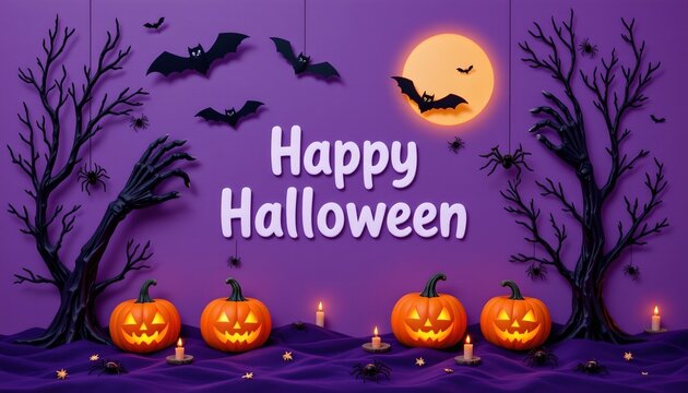 Spooky Halloween Scene with Carved Pumpkins and Full Moon