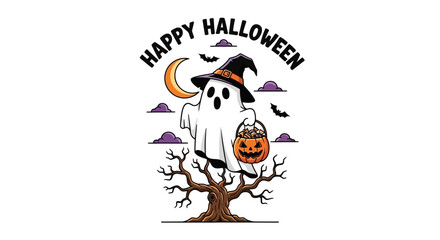 Whimsical Halloween ghost with candy bucket and witch hat standing on bare tree under crescent moon, ideal for spooky fall designs and seasonal promotions