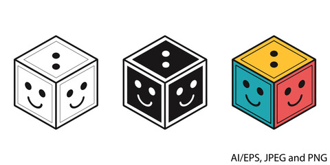 Three dice icons showing smiley faces and dots in different styles vector