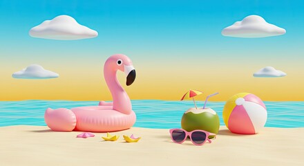 A vibrant 3D beach day with a flamingo float, beach ball, coconut drink, and sunglasses, glowing under a bright sunny sky with smooth gradients 