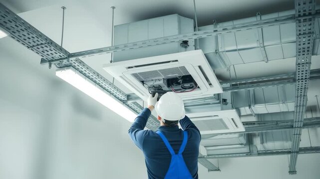 HVAC Technician Repairing Ceiling Mounted Air Conditioner Unit, 4k video footage