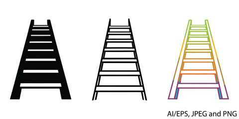 Three different styles of ladders including silhouette outline and color options vector