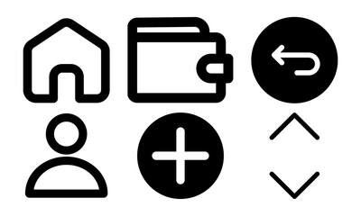 Obraz premium Minimalist user interface icon set featuring home wallet profile plus return and scroll symbols
